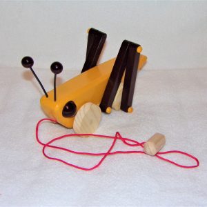 Wooden Grasshopper Pull Toy, Golden Sunset Yellow and Kona Brown