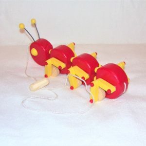 Handcrafted Caterpillar Pull Toy, Apple Red  and Sun Yellow
