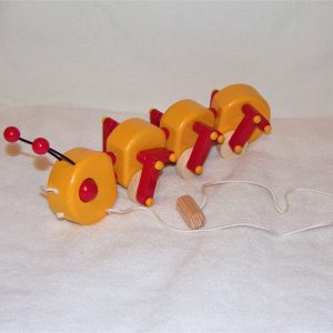 Yellow Caterpillar Pull Toy, Golden Sunset Yellow and Apple Red